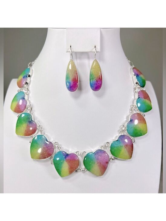 Jewelry - Beautiful 🌈💗 925 Rainbow Solar Quartz Hearts Large Gemstone Necklace Earrings